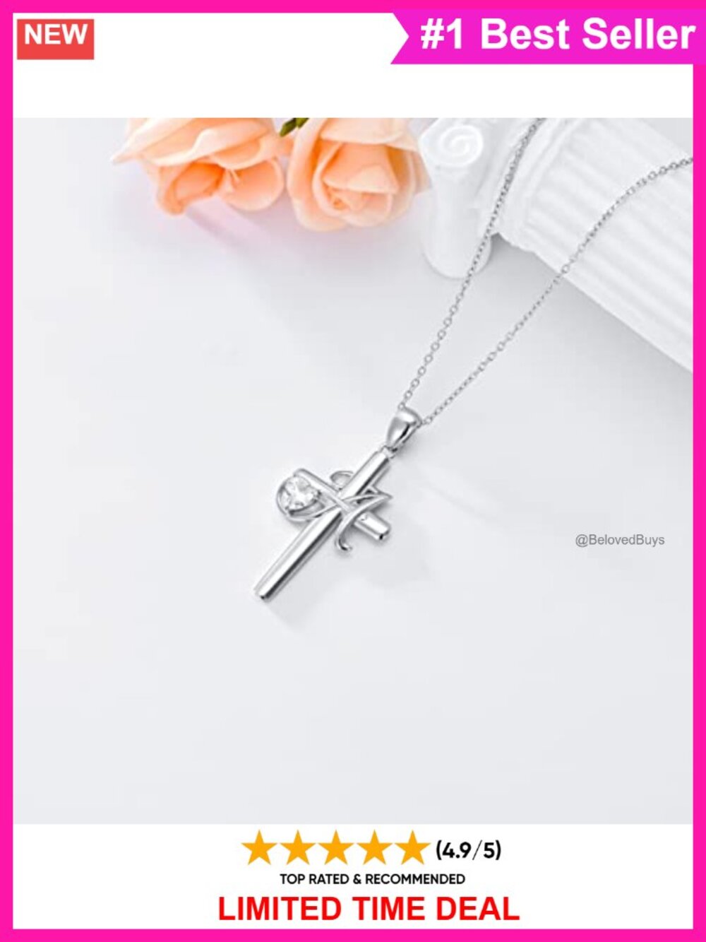 925 Sterling Silver Initial Cross Necklace Cubic Zirconia Pendant - Picture 2 of 6